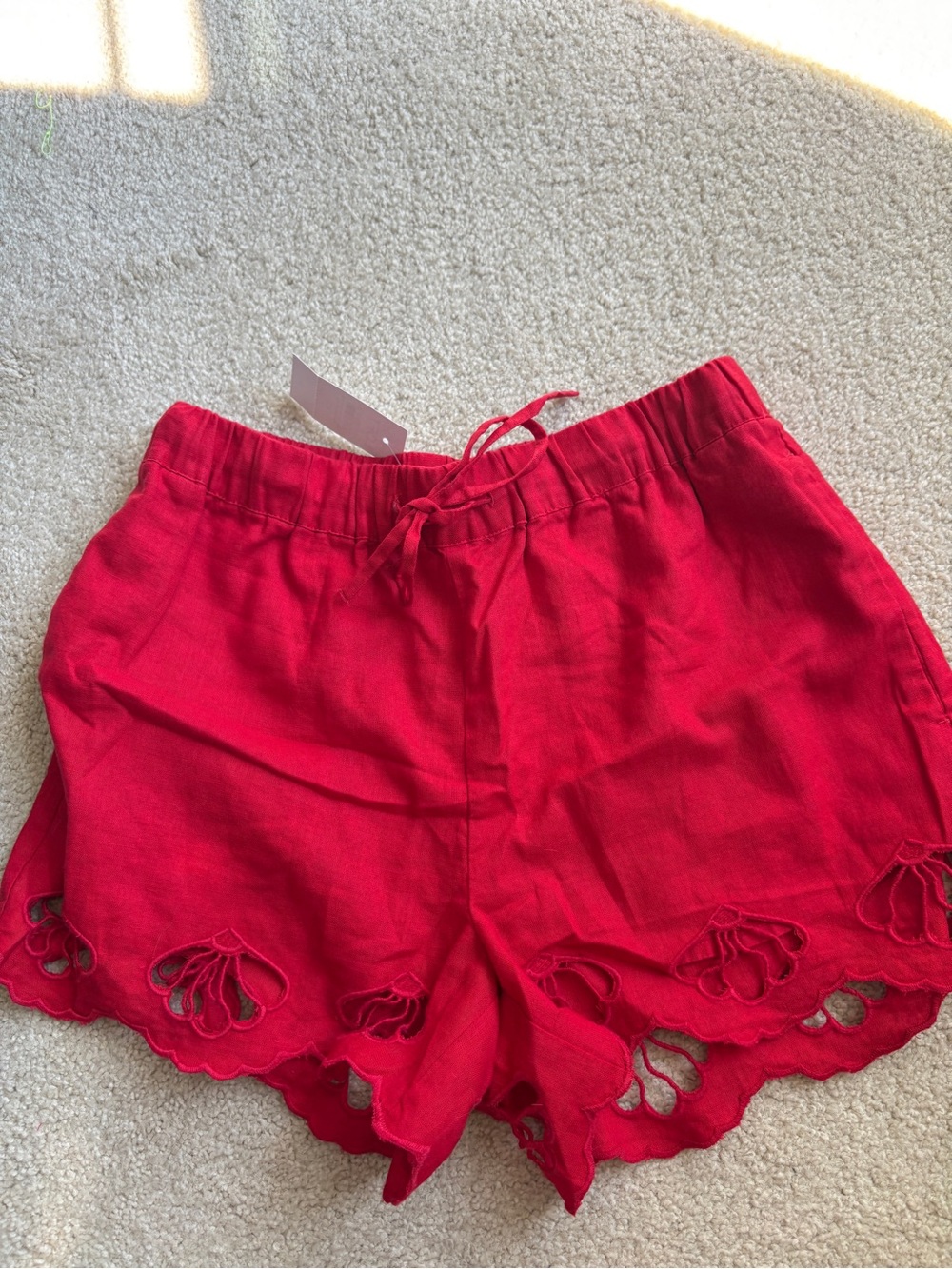 Women’s Red Eyelet Scalloped Shorts Linen blend Cotton NWT